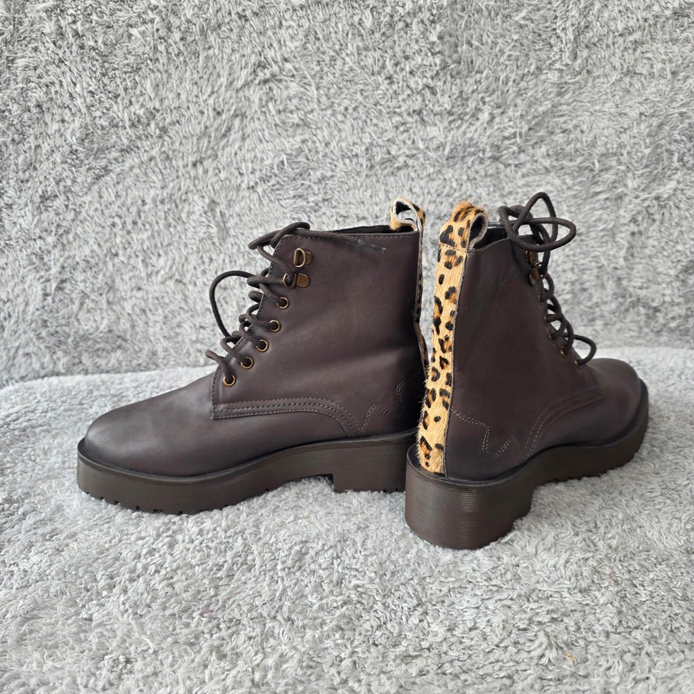 Celebrity‎ Flat Combat Lace Up Ankle Boots Brown Leopard Calf Hair Size 8 NEW